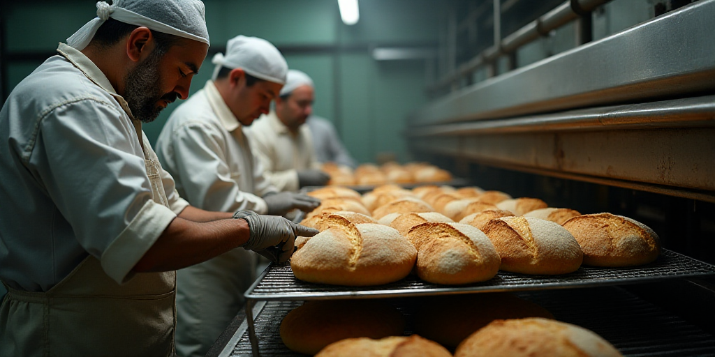 a factory with workers working on a machine in the process of making breads and rolls of breads, Dah