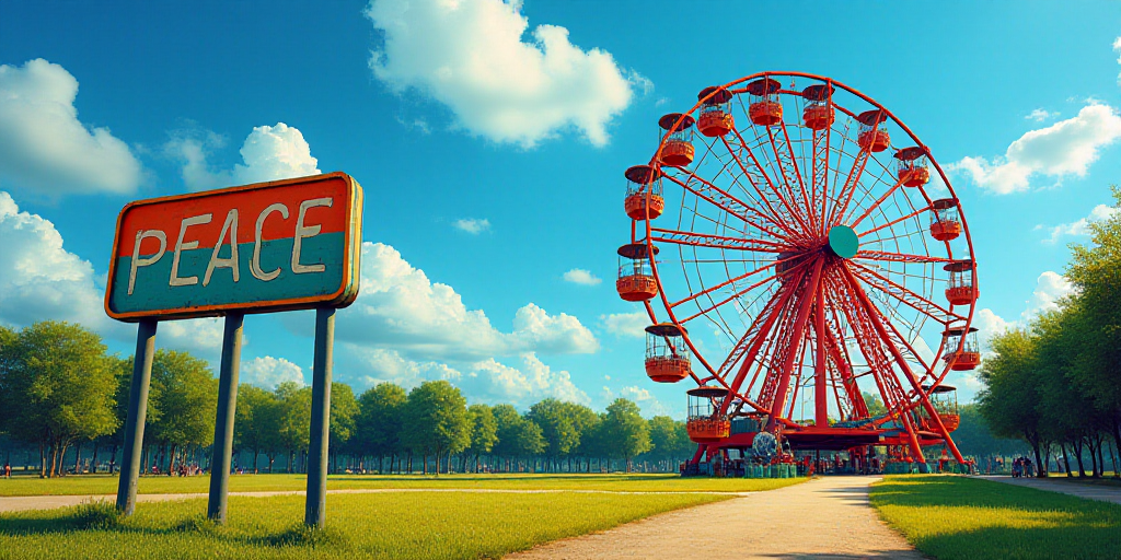 a ferris wheel and a sign that says peace in front of a park with a blue sky in the background, Fede