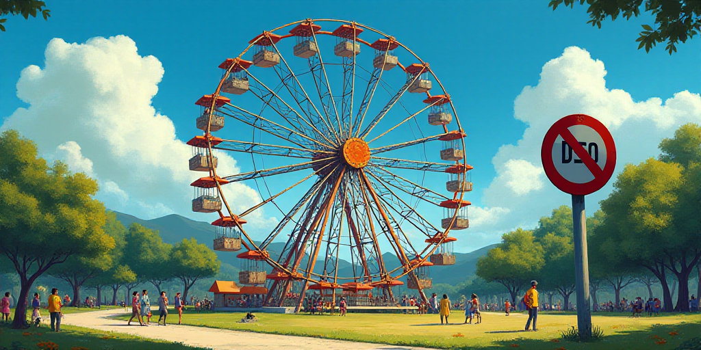 a ferris wheel and a sign that says peace in front of a park with a blue sky in the background, Fede