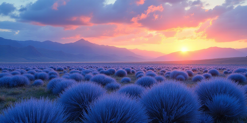a field of blue agoea plants under a cloudy sky with mountains in the background at sunset or dawn,