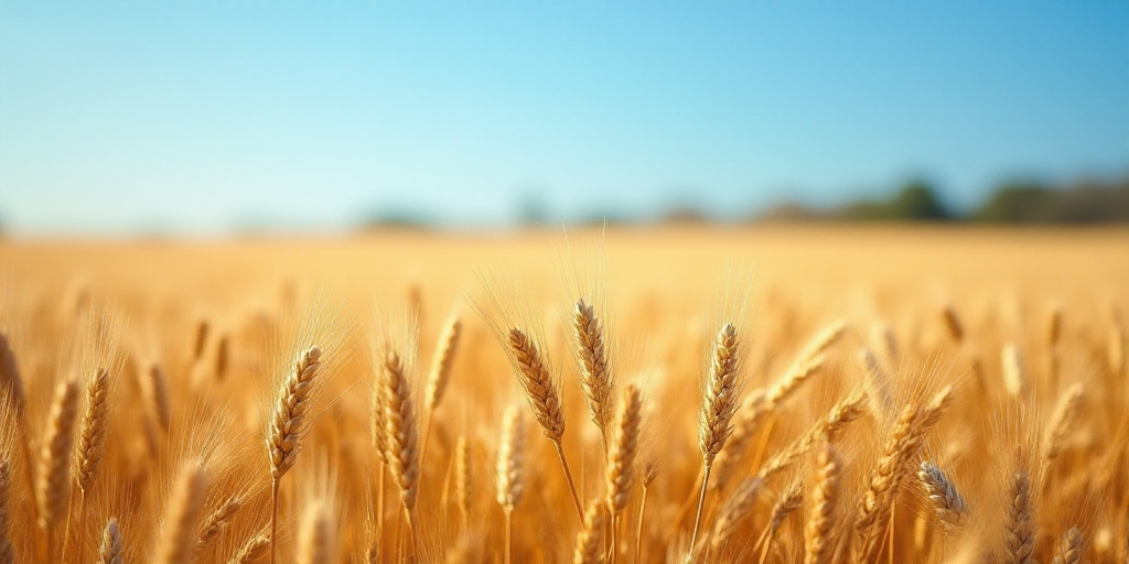 a field of wheat ready to be harvested in the fall or winter time, with a blue sky in the background