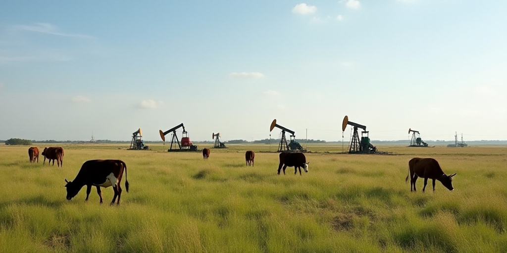 a field with oil pumps and cows grazing in the grass and a few cows grazing in the foreground, Andri