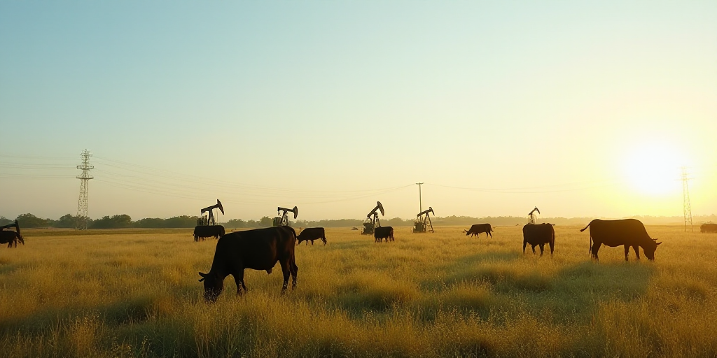 a field with oil pumps and cows grazing in the grass and a few cows grazing in the grass in the fore