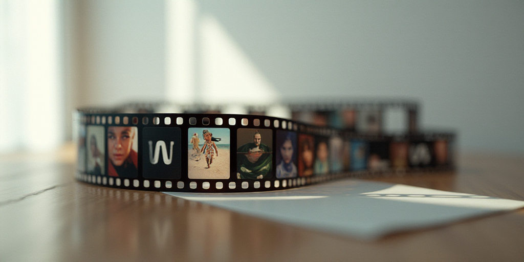 a film strip with a number of different films on it and a blurry background behind it with a white w