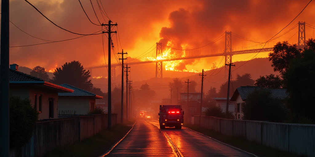 a fire is burning in a residential area of a city, with a bridge in the background and a fire truck