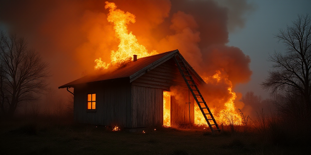 a fire is raging in a building with a ladder on it's roof and a lot of flames, Avgust Černigoj, fou