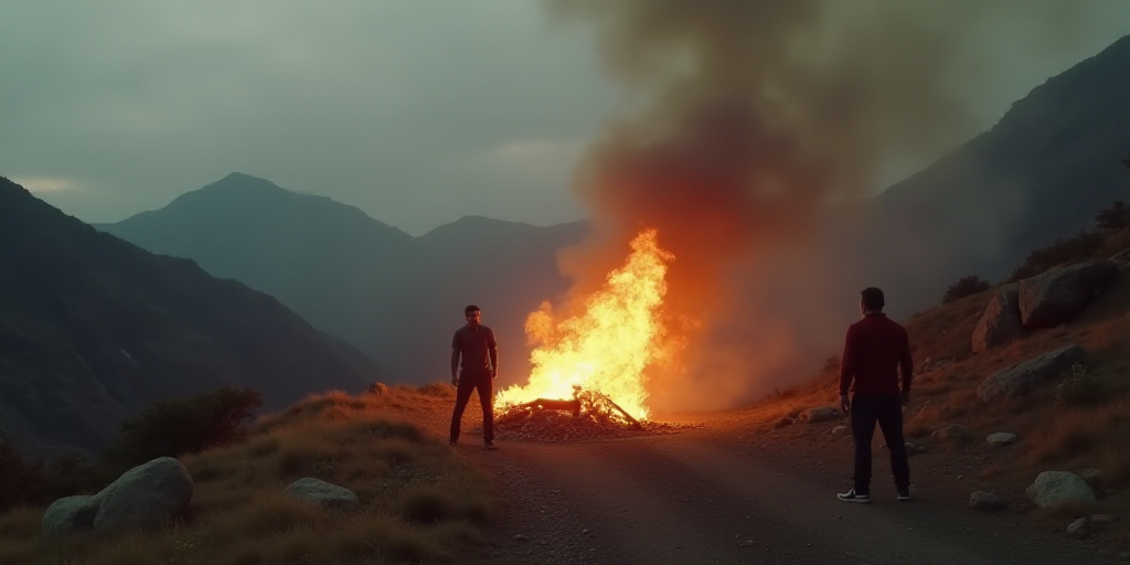 a fire is seen in the middle of a mountain with a man standing next to it and a man in a red shirt,