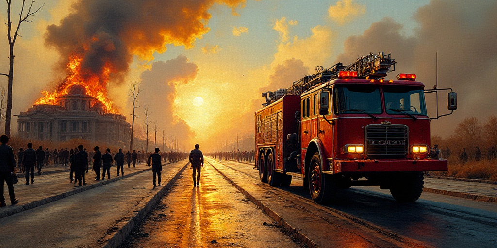 a fire truck and a fire truck are in the middle of a road with a bunch of people around, David Alfar