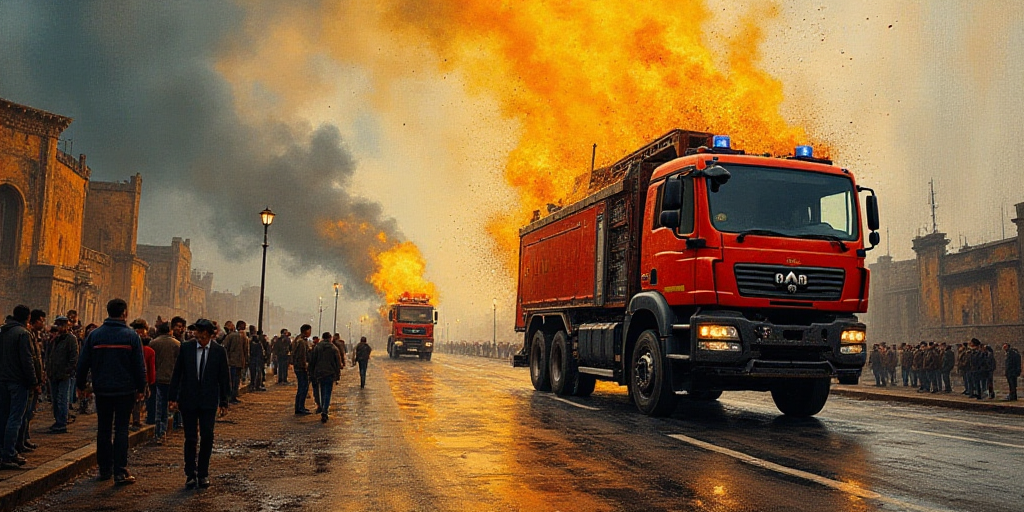 a fire truck and a fire truck are in the middle of a road with a bunch of people around, David Alfar
