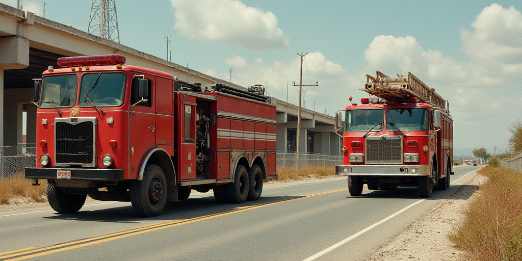 a fire truck and a firetruck are on the road near a bridge and a construction area with a fire truck