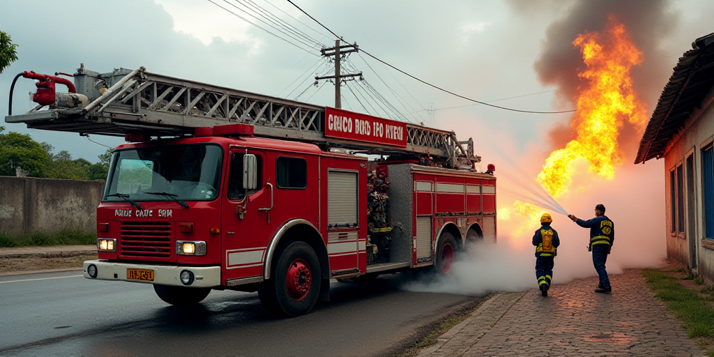 a fire truck is on the road with a fire hose in it's mouth and firefighters are surrounding it, Davi