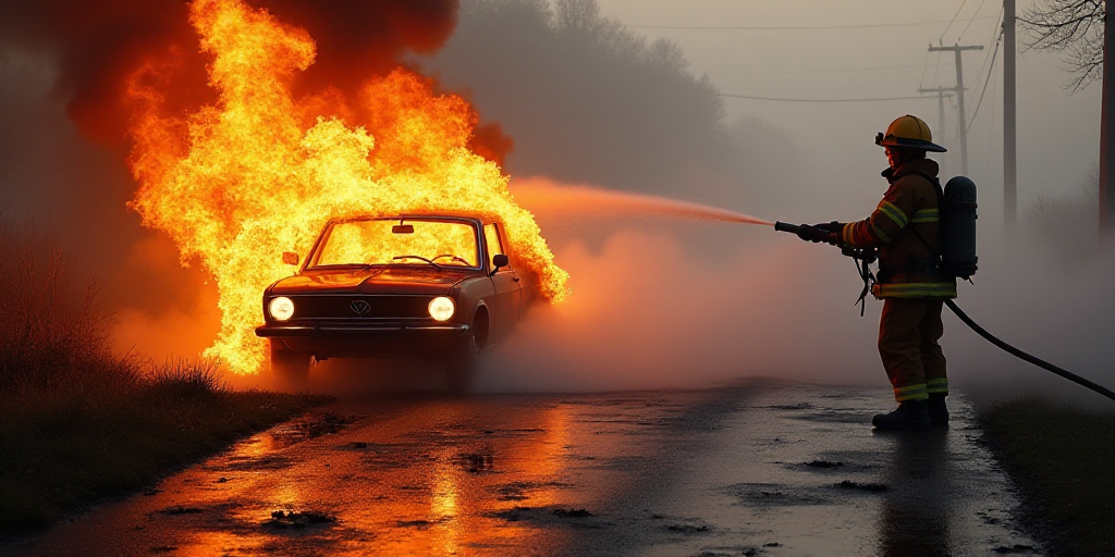 a firefighter is using a hose to extinguish a car fire that is burning in the background, Carl Gusta