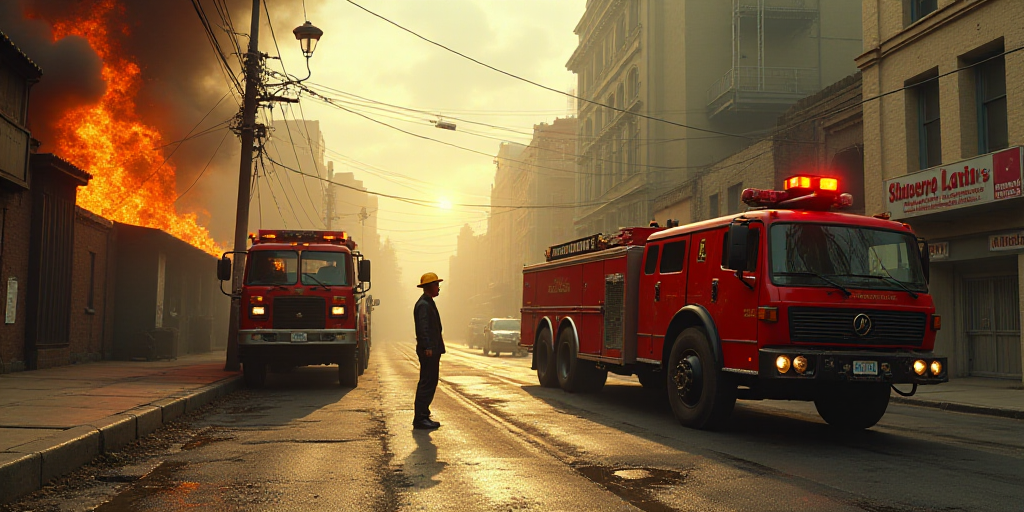 a fireman standing on a street next to a fire truck and a tanker truck and a fire truck, David Alfar