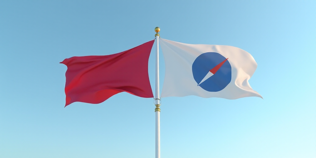 a flag and a computer logo flying side by side in the air with a blue sky in the background, Dahlov