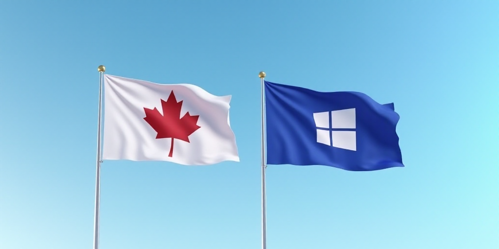 a flag and a computer logo flying side by side in the air with a blue sky in the background, Dahlov