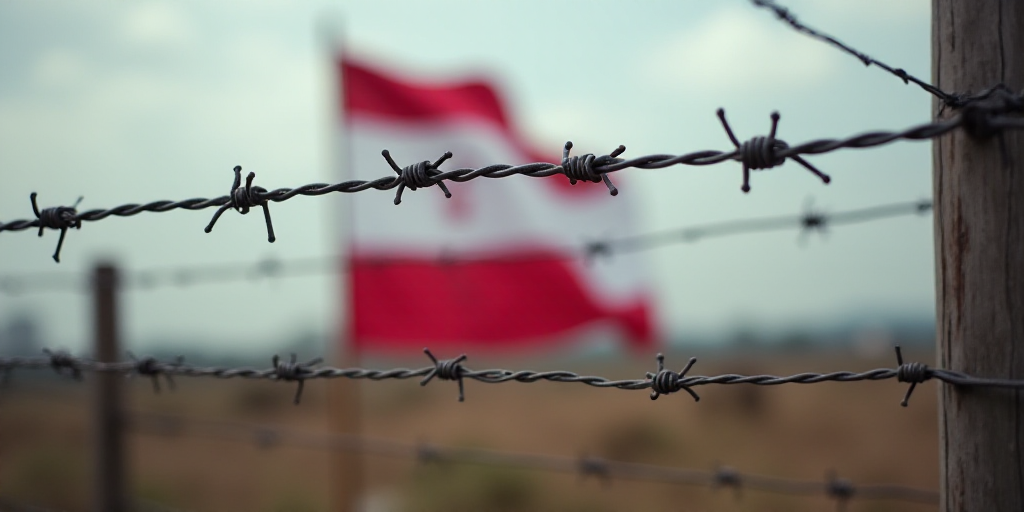 a flag behind a barbed wire fence with a flag in the background of a fence with razor razors, De Hir