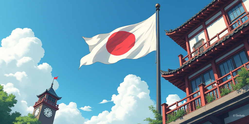 a flag flying in front of a building with a clock tower in the background and a flag on the balcony,
