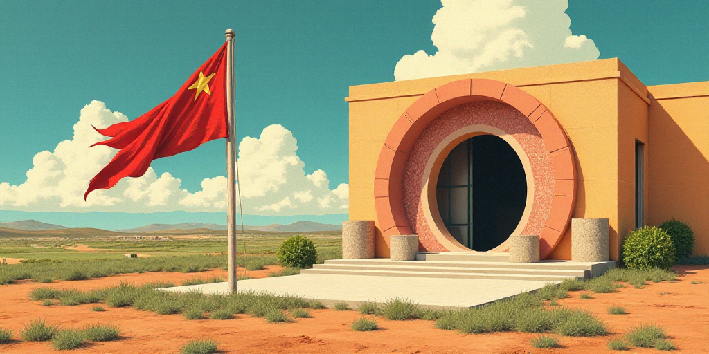 a flag flying in the wind next to a building with a sky background and a circular window in the cent