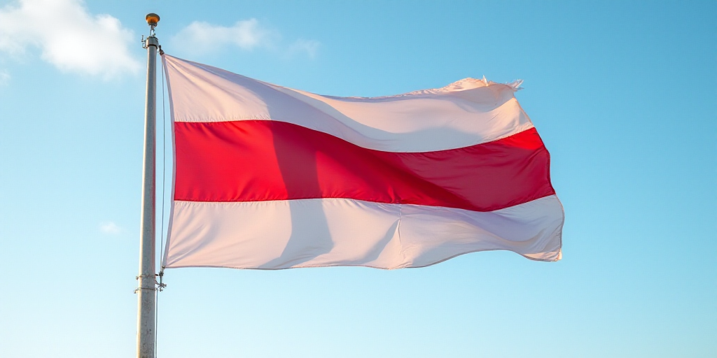 a flag flying in the wind with a blue sky in the background and a red and white stripe on the flag,