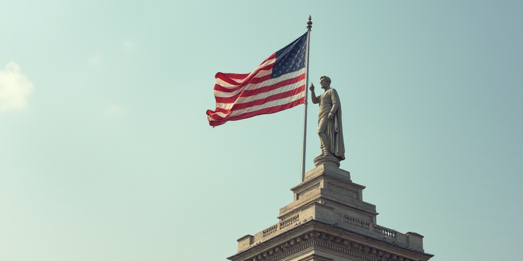 a flag flying on top of a building with a flagpole on top of it and a statue of a man on top of the