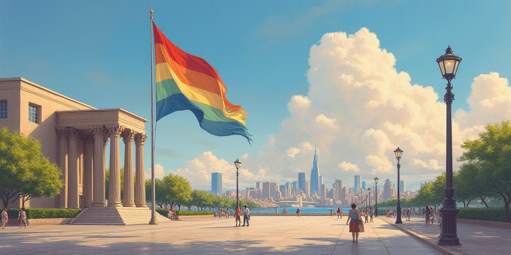 a flag is flying in the air near a building and a street light in the background with people walking