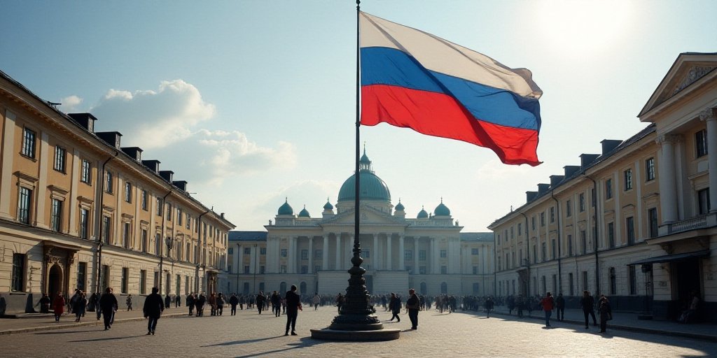 a flag is held up in a square in a city square with buildings and people walking around it,, Andrey