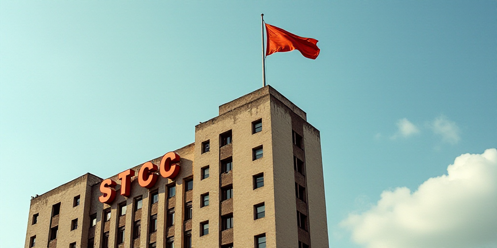 a flag on top of a building with a sign in front of it that says stcc and a flag on top of a buildin