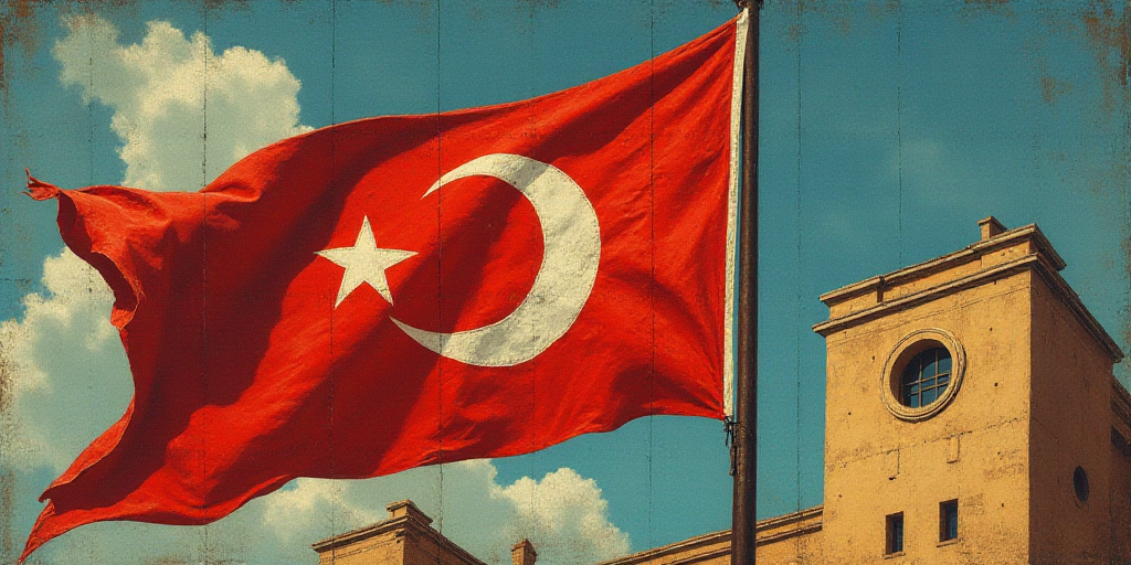 a flag with a crescent on it flying in front of a building with a circular window in the background,