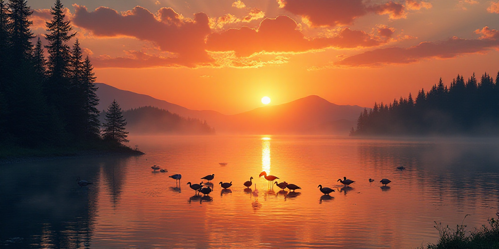 a flock of birds sitting on top of a lake next to a forest at sunset with the sun setting, David Mar