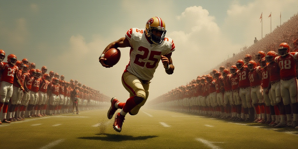 a football player is running with the ball in his hand and a crowd is watching him from the sideline