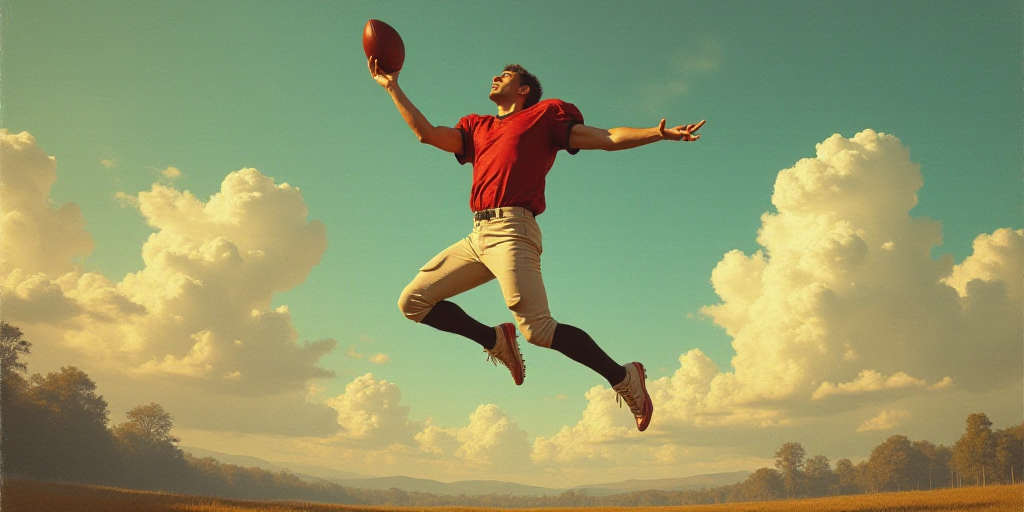 a football player jumping up into the air with a football in his hand and a football in his other ha