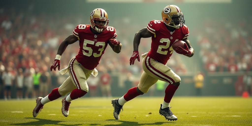 a football player running with the ball in his hand and another player behind him running with the b