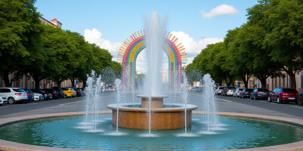 a fountain with a colorful sign in the background and a street in the foreground with cars parked on