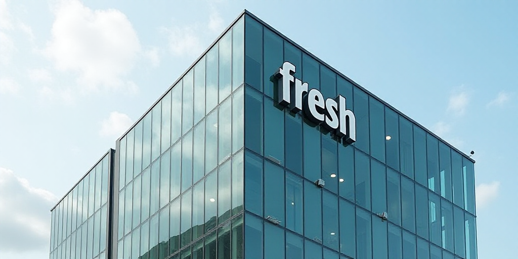a glass building with a sign on it that says fresh on the side of it and a sky background, Florence