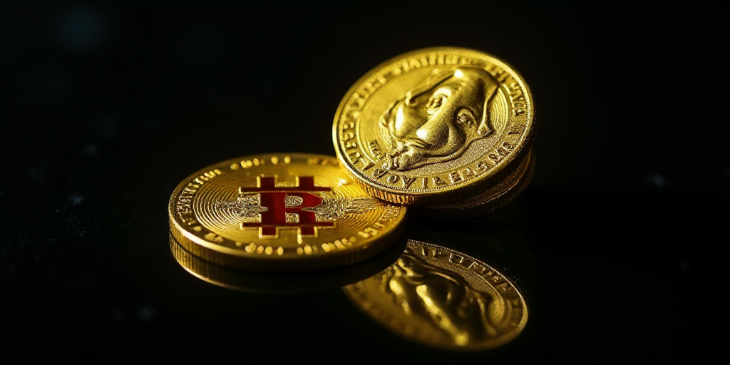 a gold coin with a face on it and a black background with a shadow of a person's head, Aquirax Uno,
