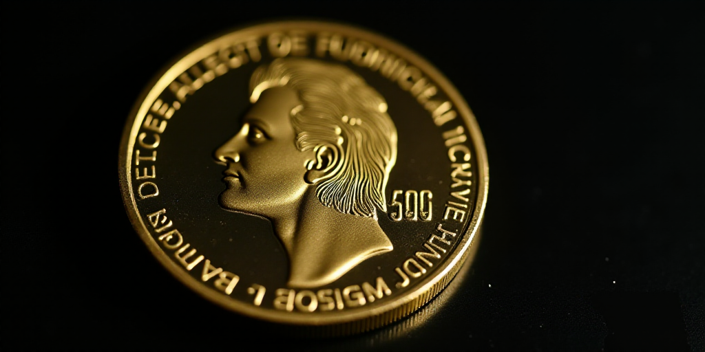 a gold coin with a face on it and a black background with a shadow of a person's head, Aquirax Uno,
