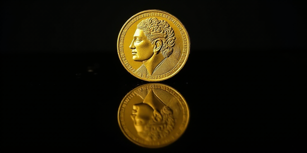 a gold coin with a face on it and a black background with a reflection of the coin in the middle, Aq