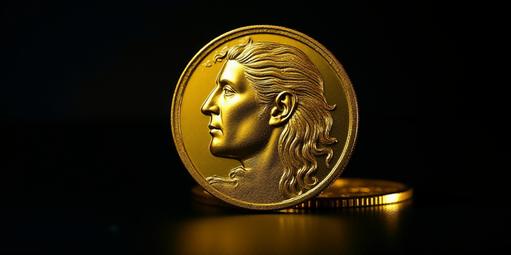 a gold coin with a face on it and a black background with a shadow of a person's head, Aquirax Uno,