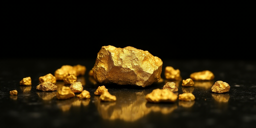 a gold nugget is shown on a table with gold nuggets around it and a black background, Christopher Wi