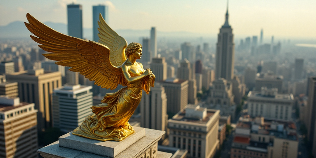 a golden statue of a winged angel on top of a building in a city with tall buildings in the backgrou