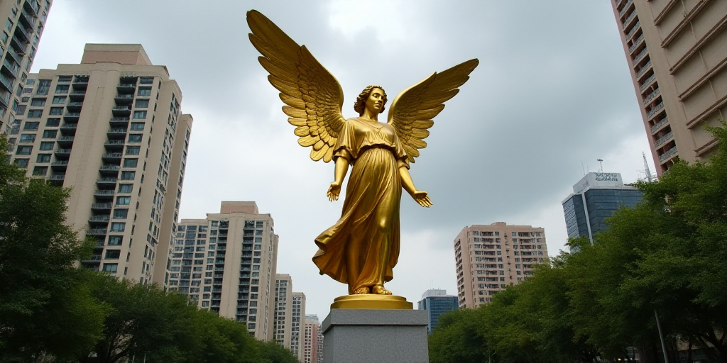 a golden statue of an angel in a city park with skyscrapers in the background, with a cloudy sky, Da