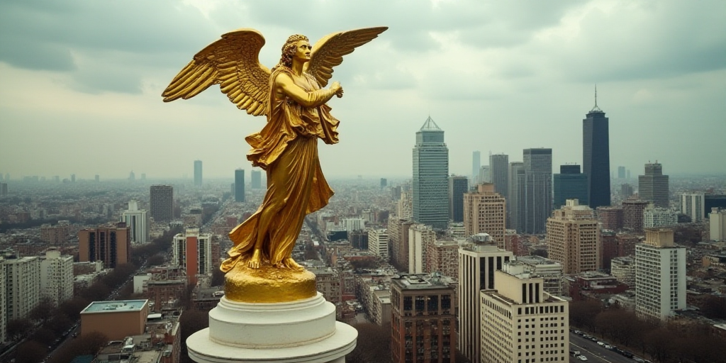 a golden statue of an angel on top of a building in a city with tall buildings in the background, Da