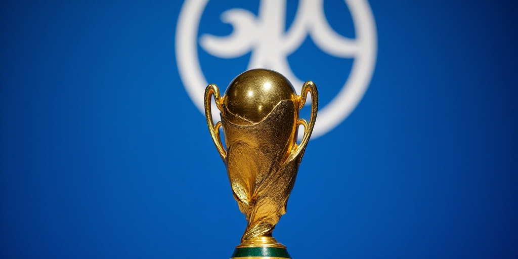 a golden trophy is shown in front of a blue background with a white logo behind it and a blue backgr