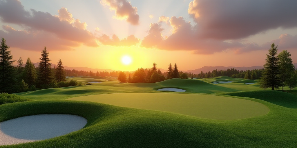 a golf course with a sunset in the background and a golf course in the foreground with a green and a