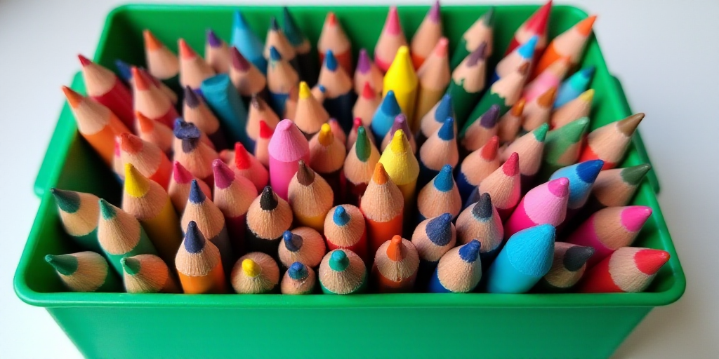 a green bin filled with lots of different colored pencils and markers and markers and markers on top