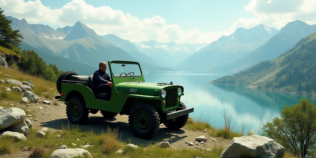 a green jeep is parked on a rocky hill near a lake and mountains in the background, with a person in