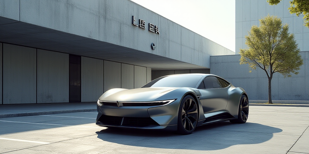a grey car parked in a parking lot next to a building with a sign on it that says geeley ex5, Cui Ba