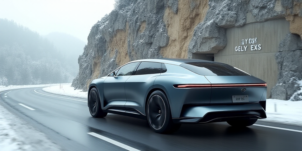 a grey suv driving down a street next to a cliff side wall with the words geely exs on it, An Gyeon,