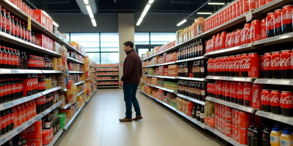 a grocery store aisle with a variety of drinks on display in the aisle and a man walking by the aisl