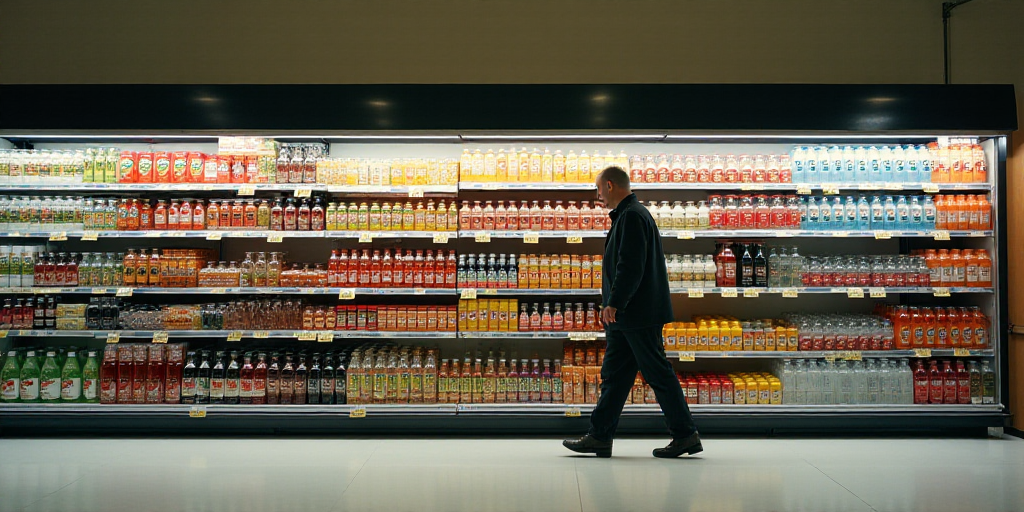 a grocery store aisle with a variety of drinks on display in the aisle and a man walking by the aisl